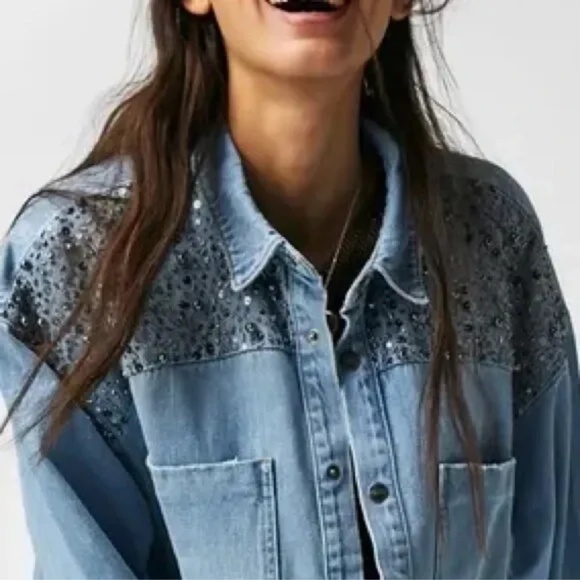 Free People X One Teaspoon Hand Embellished Daria Denim Shirt Sz M MSRP $298 - Picture 5 of 7
